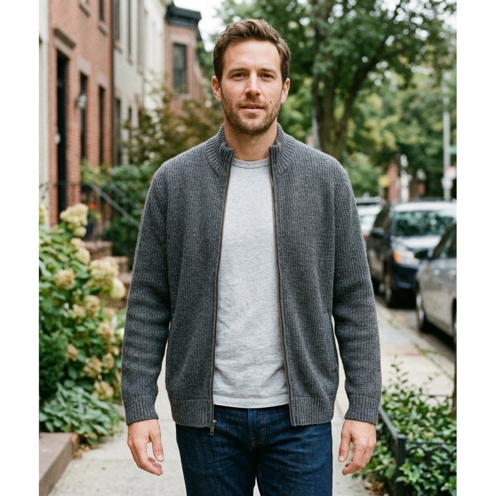 Faherty Reserve Mens Wool Cashmere Full Zip Sweater Grey Shaker Knit Large
